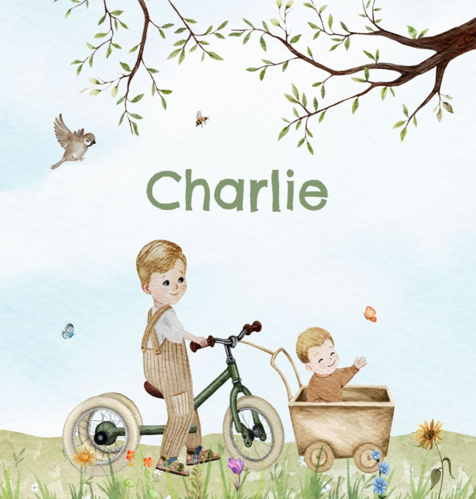 Geboortekaartje Charlie - jongen lente grote broer blond op fiets met klein broertje