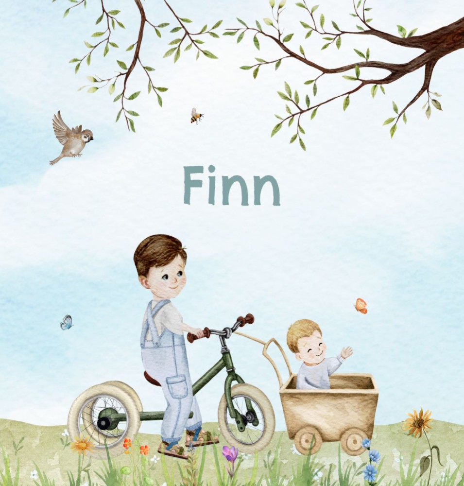 Geboortekaartje Finn - jongen lente grote broer op fiets met klein broertje