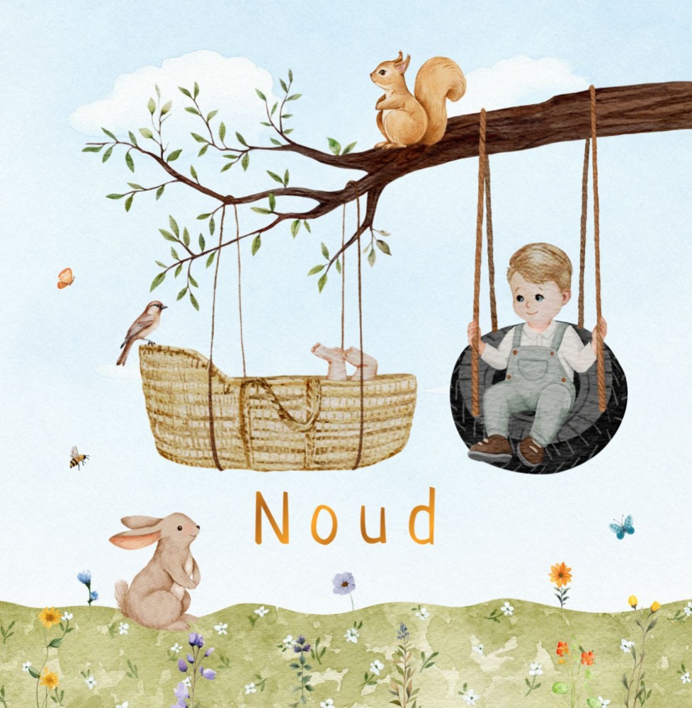 Geboortekaartje Noud - jongen lente mandje aan tak met broertje blonde haren