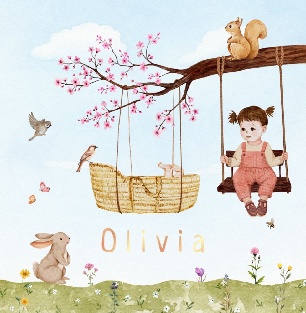 Geboortekaartje Olivia - lente mandje bloesemtak zusje bruin kapsel schommel