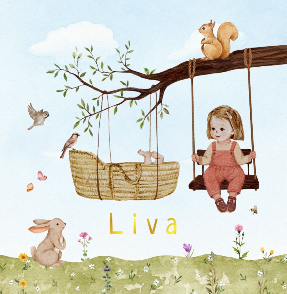Geboortekaartje Liva - lente mandje lente tak zusje bruin kapsel schommel