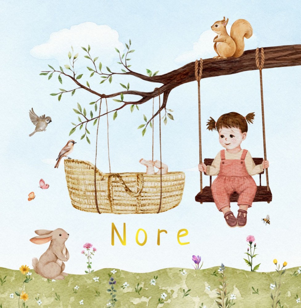 Geboortekaartje Nore - mandje lente tak zusje bruine haren schommel