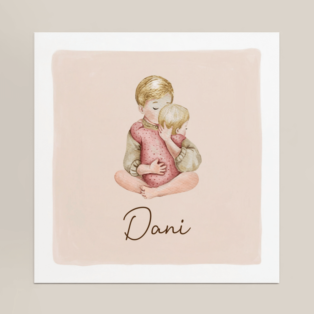 Geboortekaartje Dani - grote broer blond haar knuffelend baby meisje zusje blond haar