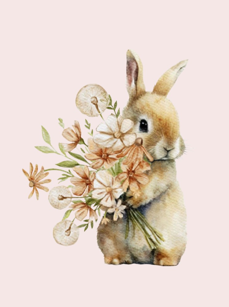 Poster meisje met konijntje en bloemen